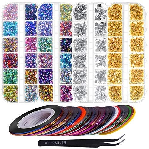 image:imageAnezus 7100 Pcs Nail Art Rhinestones Nail Gems Kit with 30 Assorted Colors Nail Art Striping Tape and Pickup Tools for Nail Art Supplies Accessories